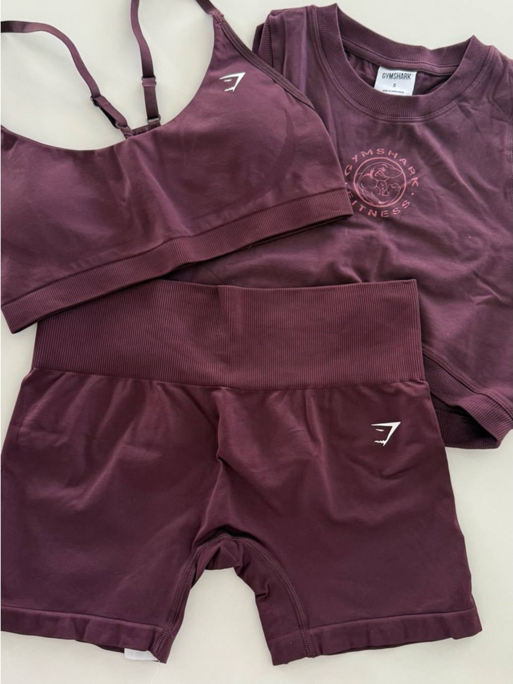 Gymshark Plum Workout Trio — Bra, High-Waist Shorts & Logo Tee